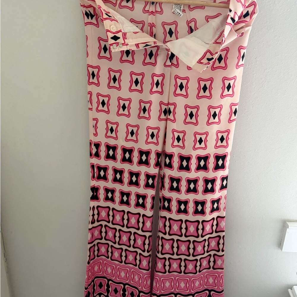 Zara Pink and Black Patterned Flare Pants